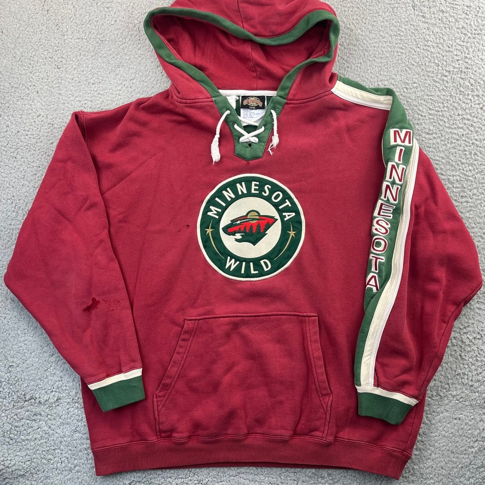 Vintage Minnesota Wild NHL Lace Up Pullover Hoodie Old Time Hockey Mens XL Red